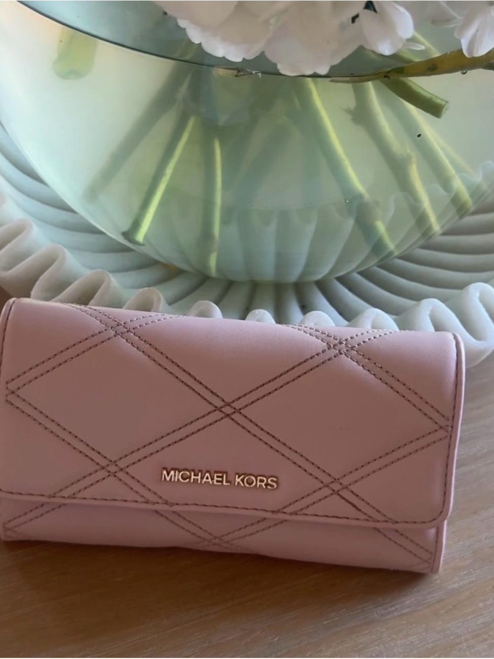 Michael Kors Soft Pink Quilted Leather Wallet with Gold Logo